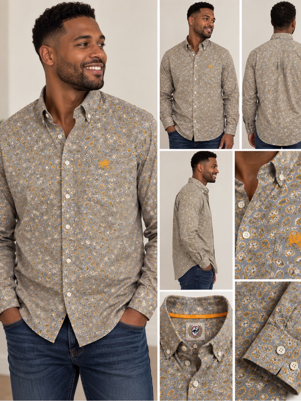 Cinch Men's Beige Floral Button-Down Shirt with Yellow Embroidery